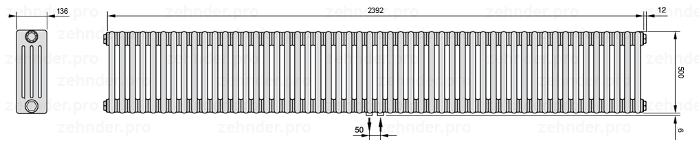 Схема (чертеж) Радиатор Zehnder Charleston 4050/52 №5410 Белый глянцевый RAL 9016